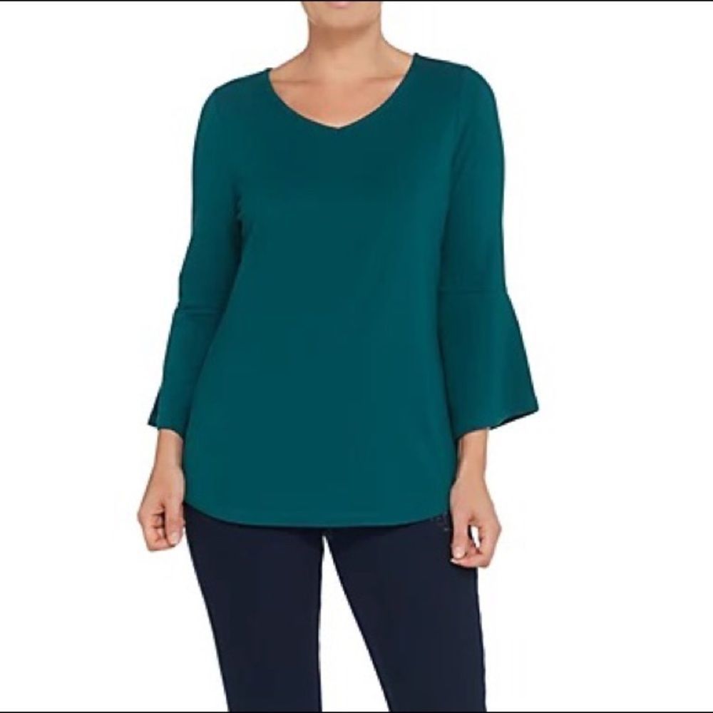 Belle Kim Gravel TripleLuxe Bell Sleeves V-Neck Top